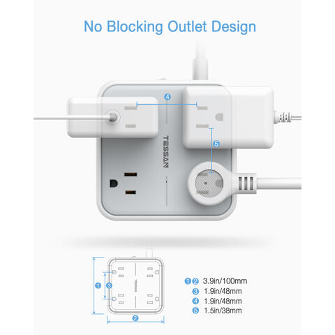 TESSAN Ultra Thin Extension Cord with 3 USB Wall Charger (1 USB C)