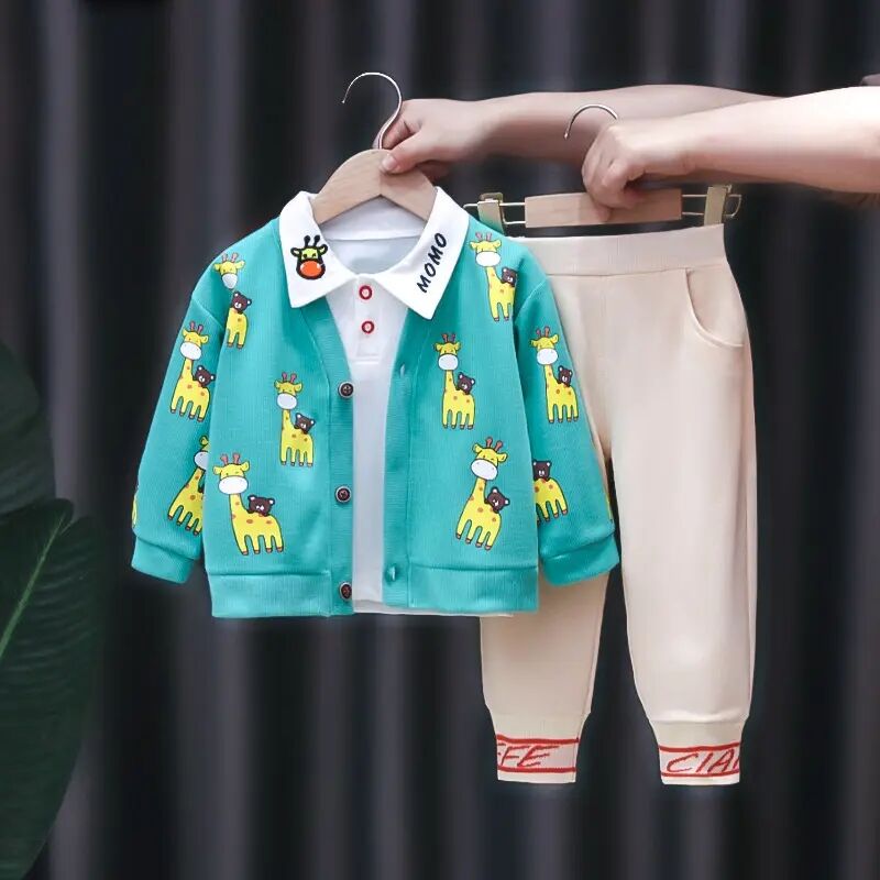 Spring and Autumn Boys Dinosaurs Cartoon Pattern Long Sleeves Crew Neck Top Sweatshirt and Striped Pants Clothing Set