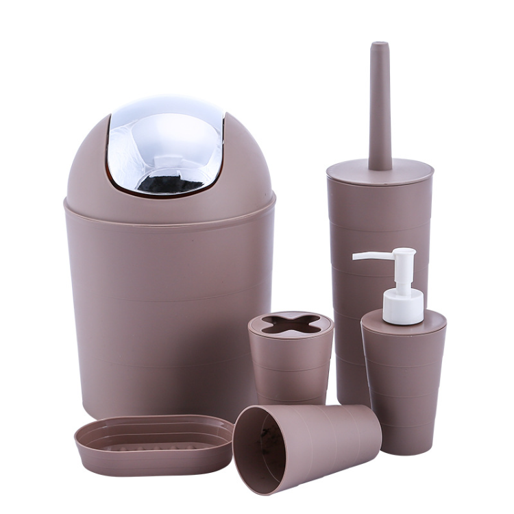 Leaf 5 Pieces Bathroom Set in White and Silver Color / Dustbin, Toilet Brush,  Liquid Soap Dispenser, Toothbrush Holder, Soap Tray 