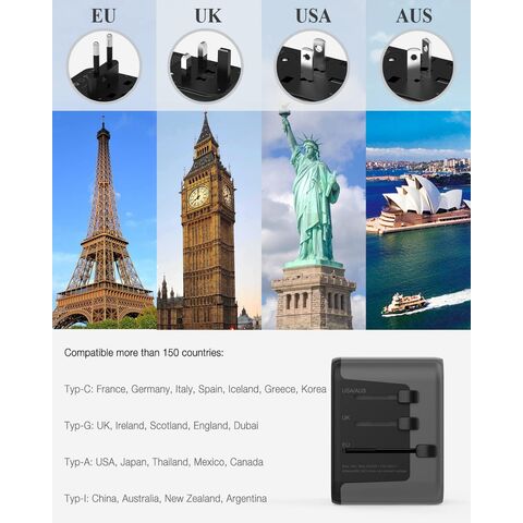 Adaptateur de prise Canada vers Royaume-Uni, adaptateur de voyage TESSAN UK  avec 3 prises, 3 chargeurs USB (1 USB C), adaptateur d'alimentation