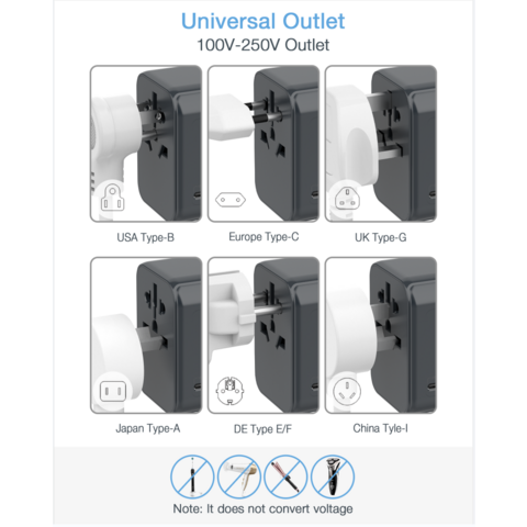 TESSAN Multi Universal Reiseadapter mit 1 Universalsteckdose + 2 USB-A + 3 Typ-C Anschlüssen (Schnellladung PD 35W, Schwarz) - Weltweiter Stromadapter für Geschäftsreisen
