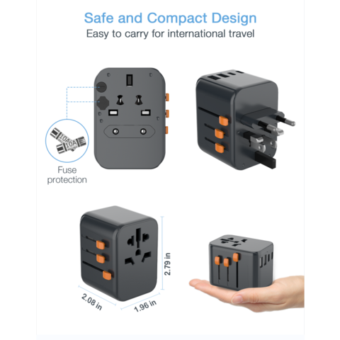 TESSAN Multi Universal Reiseadapter mit 1 Universalsteckdose + 2 USB-A + 3 Typ-C Anschlüssen (Schnellladung PD 35W, Schwarz) - Weltweiter Stromadapter für Geschäftsreisen
