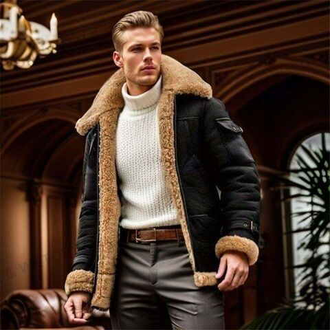 Winter Faux Leather Men s Casual Thicken War Aviator Sheepskin Warm Outdoor Fur Plus Size Pu Leather Coat Men Jacket Warm Shearling Genuine Leather Plus Size Leather Men Winter Vintage Fur Jacket Clot...