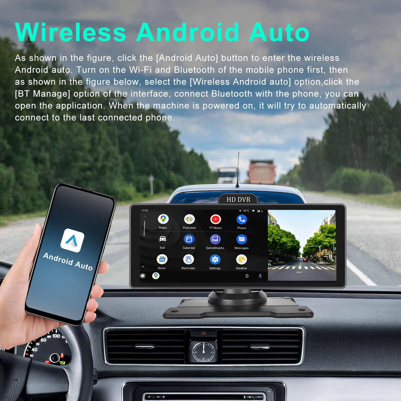 Podofo Portable Monitor Wireless Carplay Android Auto Car