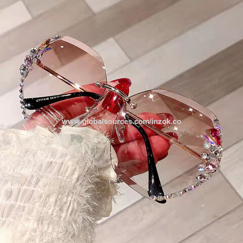 2021 Fashion Design Vintage Rimless Sunglasses Women Retro Cutting Lens  Gradient Female UV400 Shades Brown 