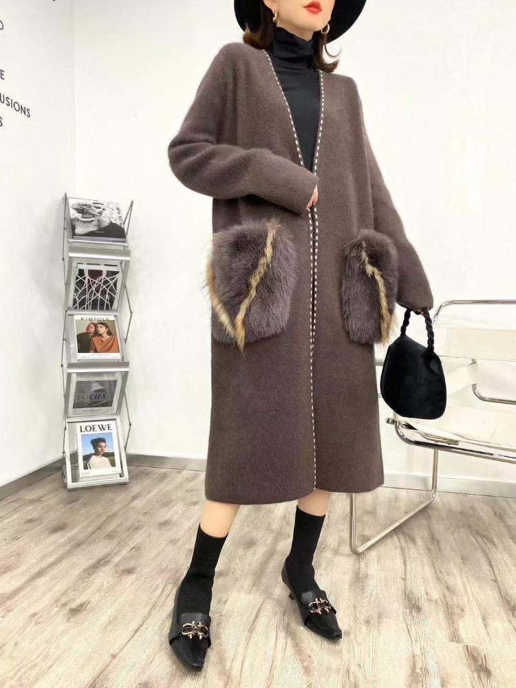 Getadme Beige Soft Mink Cashmere Coat Women Runway Design Autumn Winter Long Knitted Cardigan Women Open Stitch Elegant Knitwear
