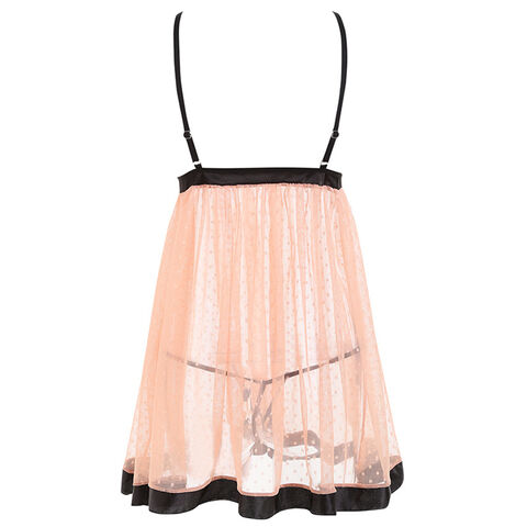 Nuisette sexy babydoll, pur désir, dentelle française, jupe à pois, jupe en gaze séduisante