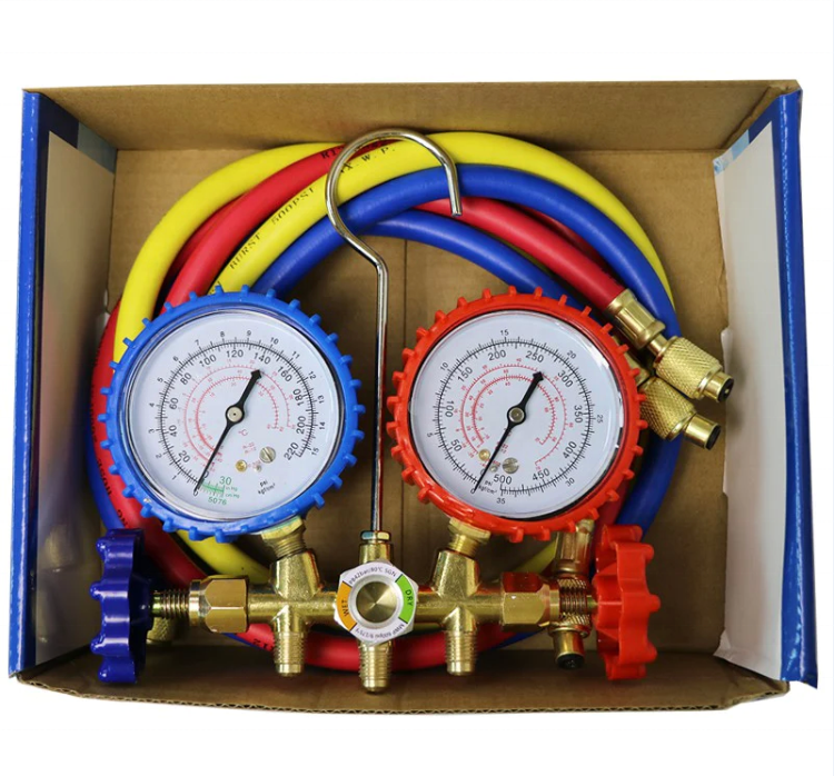 HVAC 4 Way Manifold Gauge Set with R134a R1234yf Quick Couplers and Can Taps