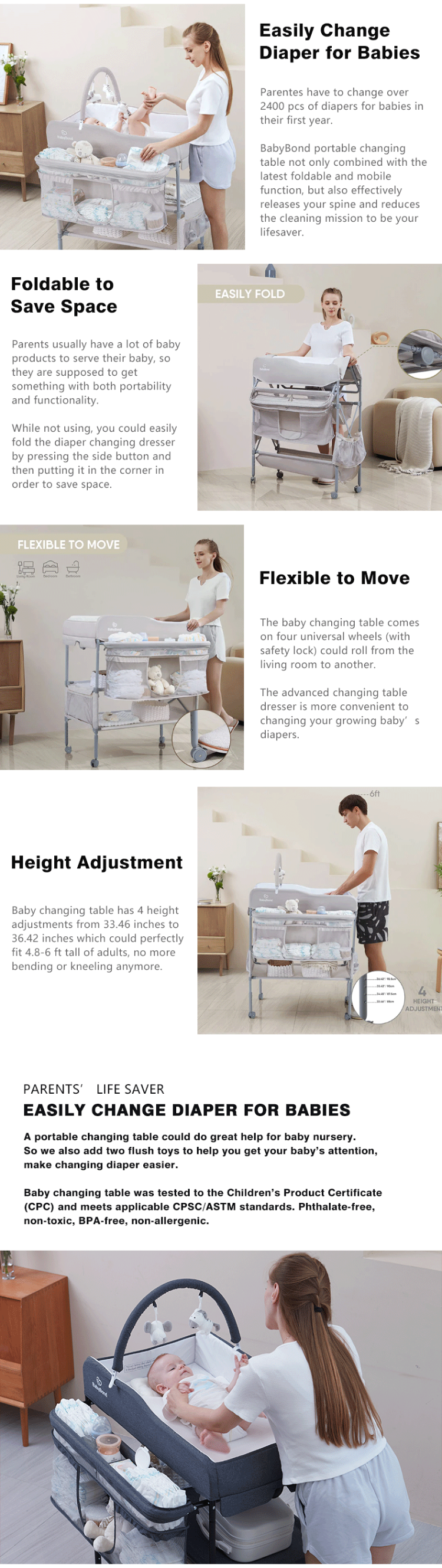 Portable Baby Changing Table, BabyBond Foldable Changing Table Dresser  Waterproof Diaper Changing Table Height Adjustable Changing Station for  Infant
