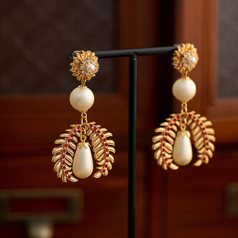 Boucles d'oreilles pendantes vintage en alliage avec perles, style cour française