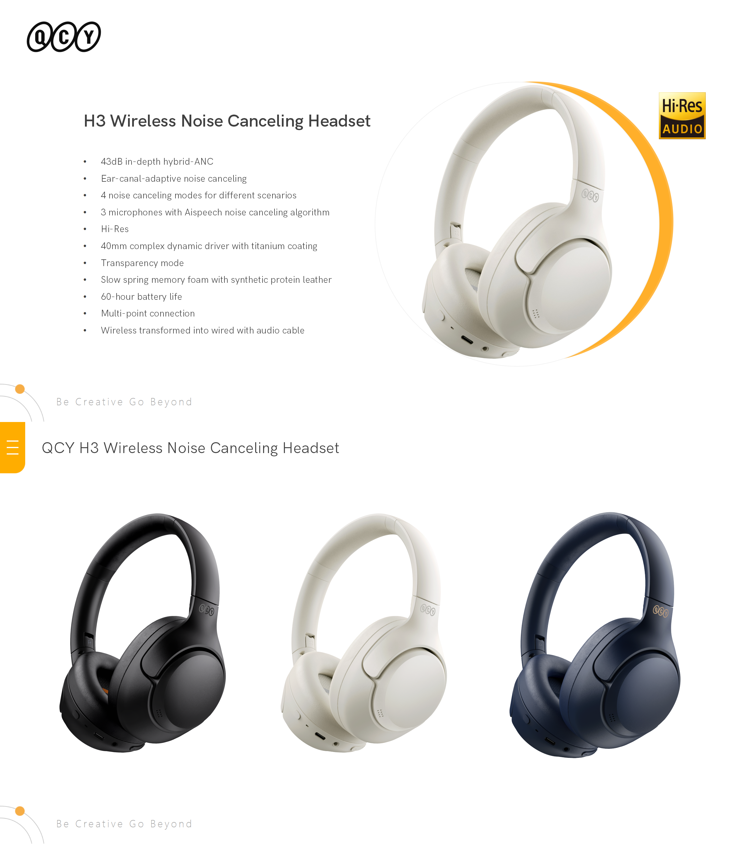 QCY H3 Headphones, Wireless Headphones, Noise Cancelling, Bluetooth 5.3,  High Resolution Support (with AUX Connection), Noise Reduction Up to 43 dB