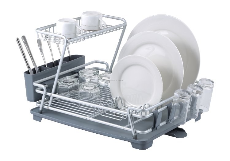 Simple Houseware 2-Tier Dish Rack with Drainboard, Silver