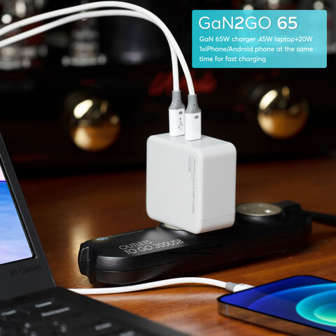شاحن GaN مدمج 65 واط بمنفذي USB-C للكمبيوتر المحمول، شاحن سفر تيار متردد