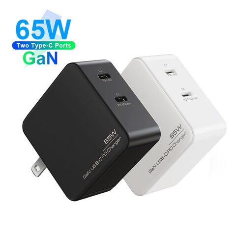 شاحن GaN مدمج 65 واط بمنفذي USB-C للكمبيوتر المحمول، شاحن سفر تيار متردد
