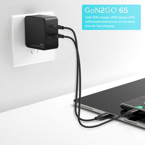 شاحن GaN مدمج 65 واط بمنفذي USB-C للكمبيوتر المحمول، شاحن سفر تيار متردد