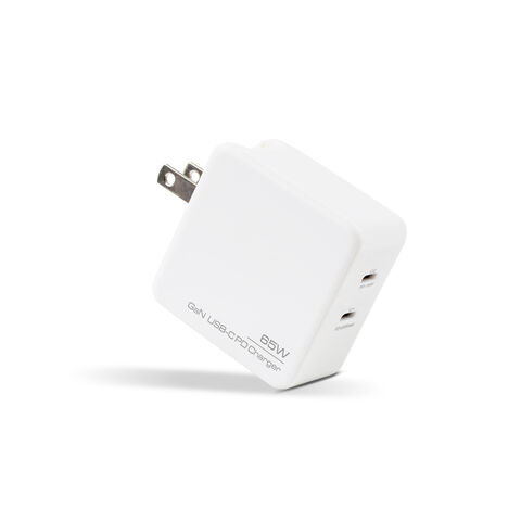 شاحن GaN مدمج 65 واط بمنفذي USB-C للكمبيوتر المحمول، شاحن سفر تيار متردد