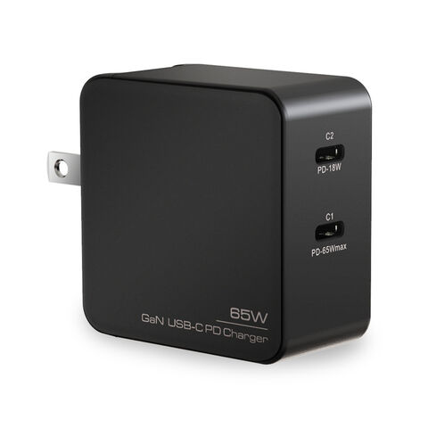 شاحن GaN مدمج 65 واط بمنفذي USB-C للكمبيوتر المحمول، شاحن سفر تيار متردد