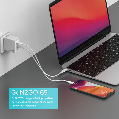 شاحن GaN مدمج 65 واط بمنفذي USB-C للكمبيوتر المحمول، شاحن سفر تيار متردد