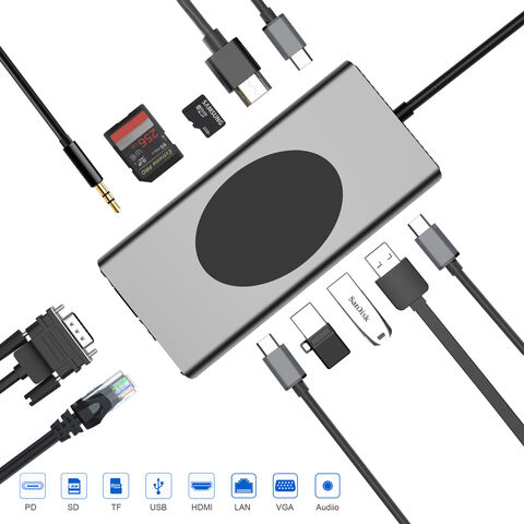 Docking Station USB 13 en 1 con 2 HDMI, 3 Puertos USB 2.0/3.0 de Alta Velocidad, Lector de Tarjetas TF/SD, RJ45 100M, Audio de 3.5 mm y Cargador Inalámbrico de 15W