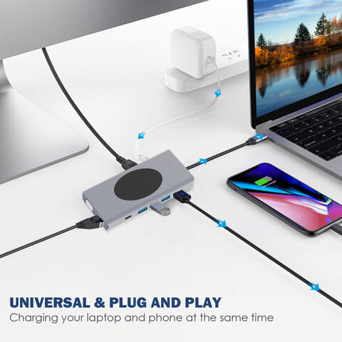 Docking Station USB 13 en 1 con 2 HDMI, 3 Puertos USB 2.0/3.0 de Alta Velocidad, Lector de Tarjetas TF/SD, RJ45 100M, Audio de 3.5 mm y Cargador Inalámbrico de 15W