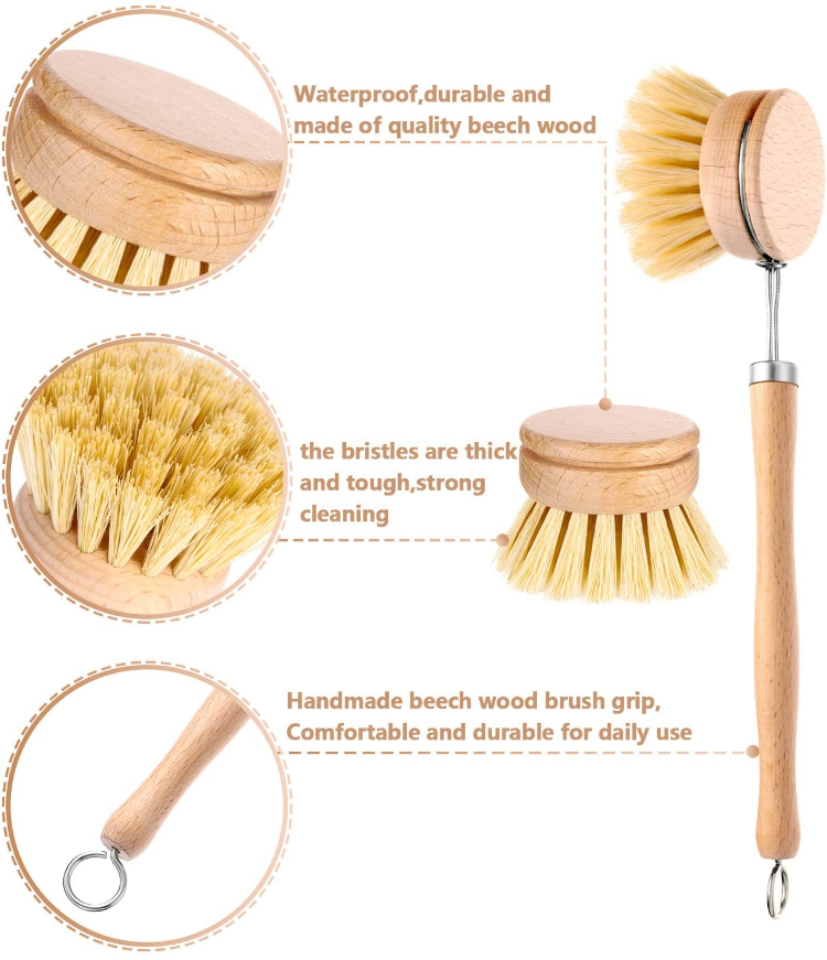 SUBEKYU Bamboo Dish Scrub Brush for Kitchen Sink, Natural Wooden Washing  Dish Brush Scrubber, Sisal Bristles Brush for Household Cleaning Cast Iron