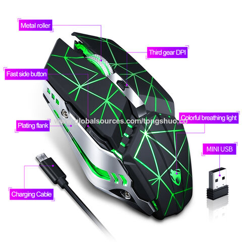 Souris de jeu sans fil rechargeable avec lumière respiratoire colorée, Mini souris optique USB