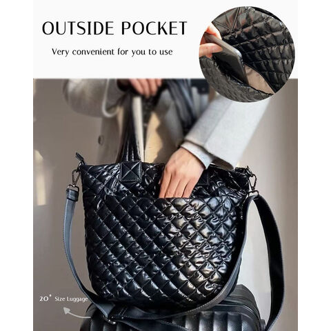 Small Quilted Shoulder Tote Bag Black Double Handle For Work