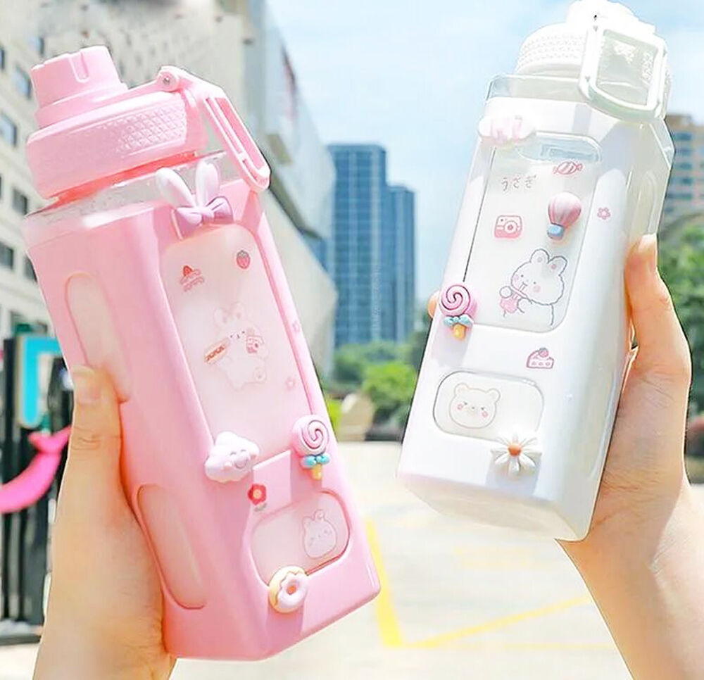 2L Large Capacity Water Bottle With Bounce Cover Time Scale Reminder  Frosted Cup With Cute Stickers For Outdoor Sports Fitness