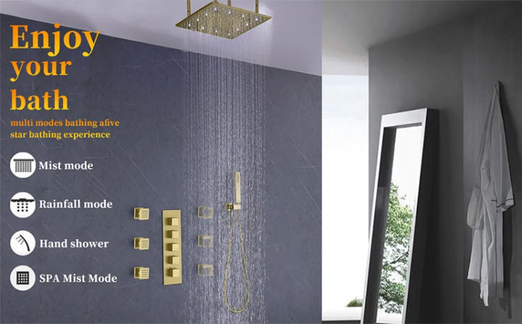 16 Inches Brushed Gold Brass Ceiling Mounted Led Thermostatic Rainfall ...