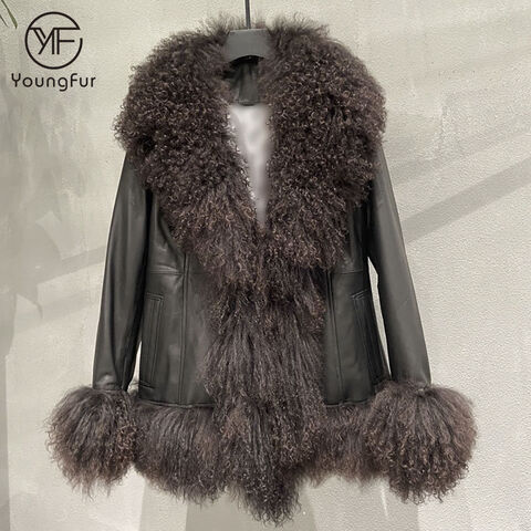 Autumn Spring Women Sheepskin Leather Jacket Fur Trim