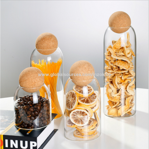 Clear Glass Bottle Kitchen Storage Jar with Cork Ball Airtight Lid