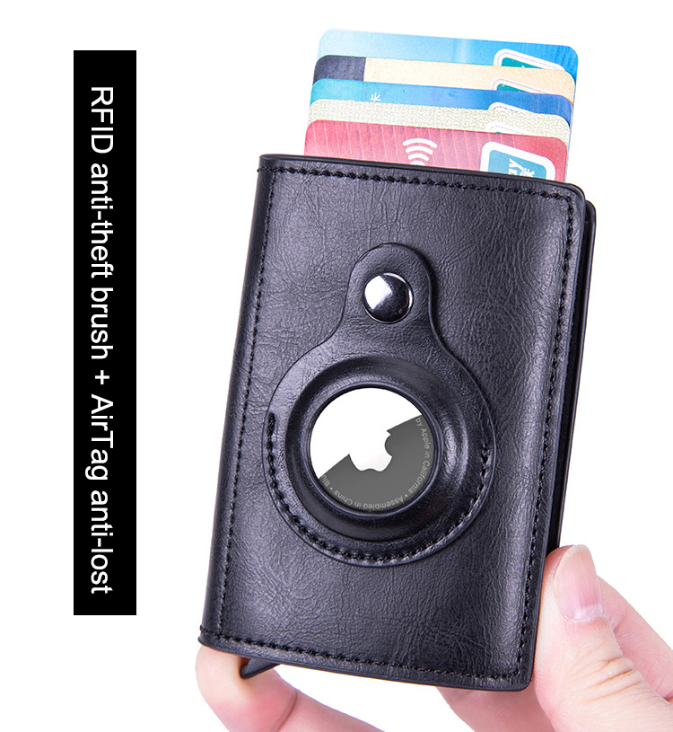 Airtag Wallet with Smart Magnetic Pull Strap, Slim Leather Wallet