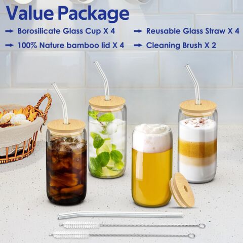 Bubble Tea Cups, Reusable Glasses with Bamboo Lid and Straw, 16oz