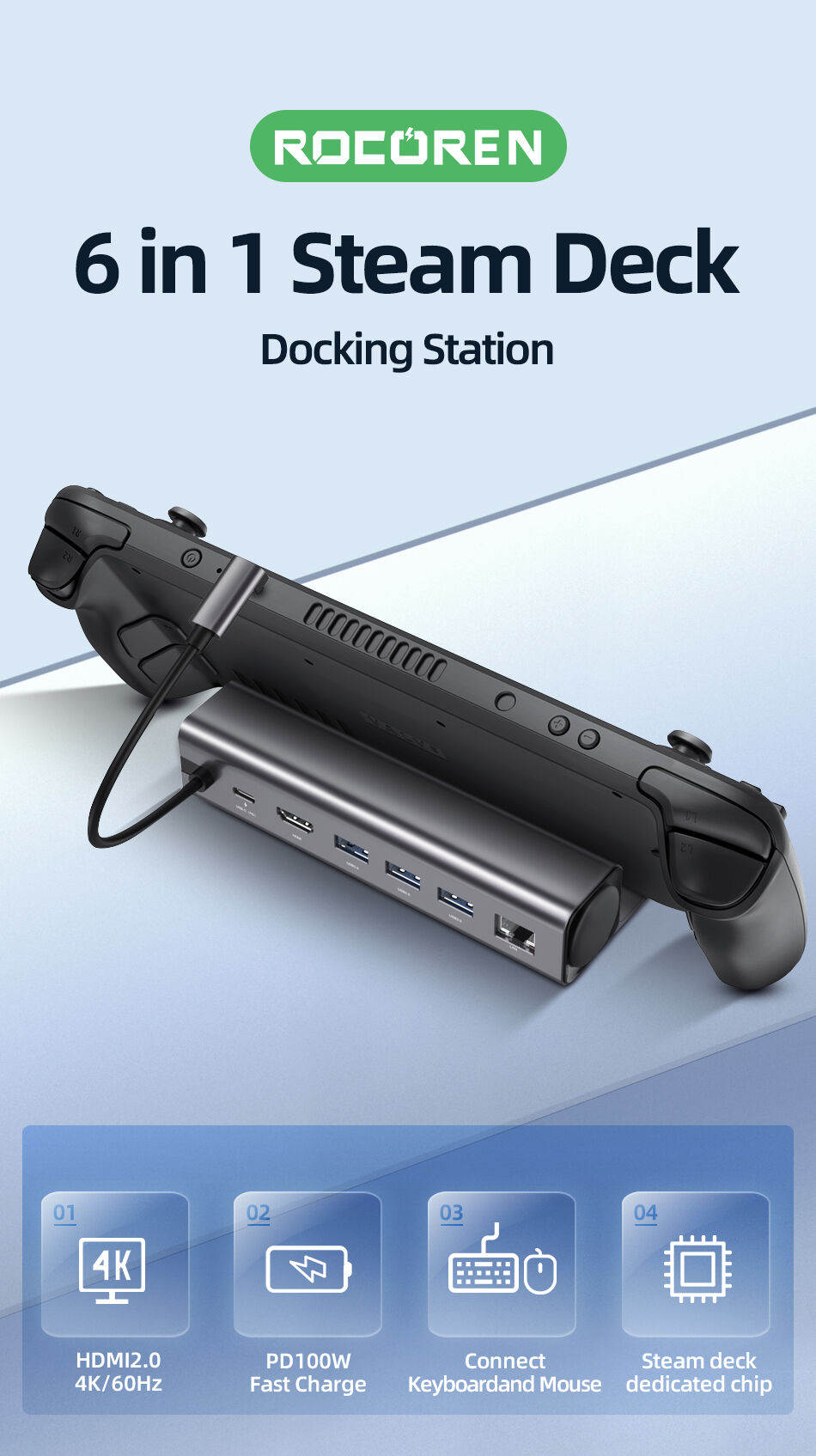 RGB Steam Deck Dock, Docking Station For Steam Deck, Screen Switch Function Steam  Deck Dock with Full Charging Speed 