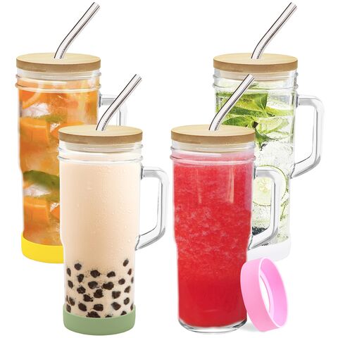 Glass Smoothie Iced Coffee Cup With Glass Straw And Bamboo Lid