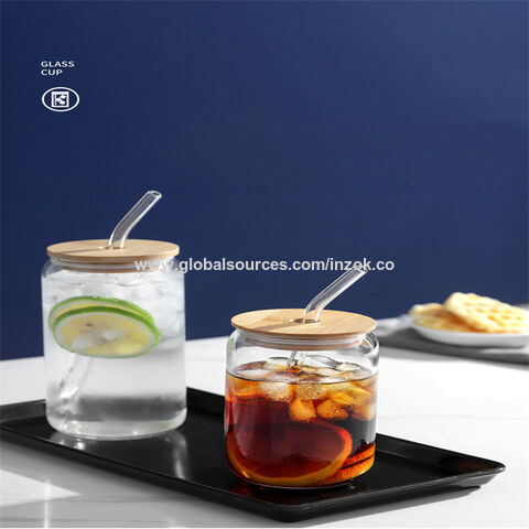 20 OZ Glass Cups with Bamboo Lids and Straws - Beer Can Shaped Drinking  Glass