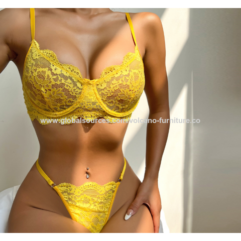 Women's Sexy Lingerie Set Yellow Lace Bra Panties Sleepwear Underwear Set