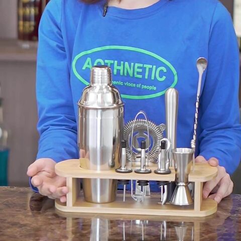 NEUES Cocktail Shaker Set mit Acrylständer, 15-teiliges Mixologie Barkeeper Set, Bar Zubehör Set mit allen Barwerkzeugen zum Getränke mixen