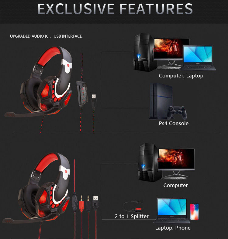 Professional Led Light Wired Gaming Headphones With Microphone For Computer  PS4 PS5 Xbox Bass Stereo PC