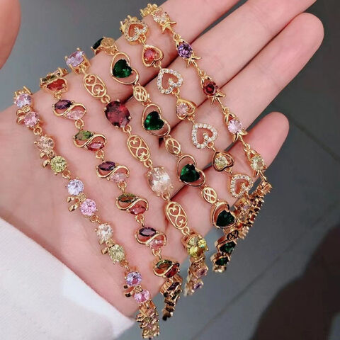 CM YIM pulsera de latón para mujer, con diseño de corazón, tenis, trébol, pera, chapada en oro, circonita y diamantes, brazalete con dijes para dama