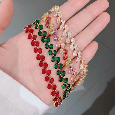 CM YIM pulsera de latón para mujer, con diseño de corazón, tenis, trébol, pera, chapada en oro, circonita y diamantes, brazalete con dijes para dama
