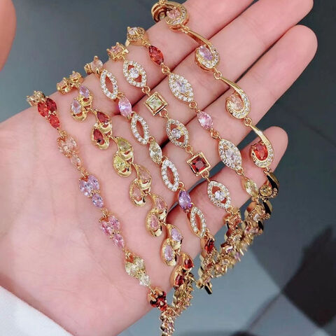 CM YIM pulsera de latón para mujer, con diseño de corazón, tenis, trébol, pera, chapada en oro, circonita y diamantes, brazalete con dijes para dama