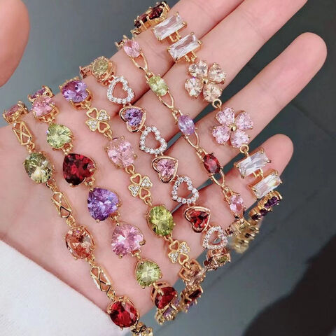 CM YIM pulsera de latón para mujer, con diseño de corazón, tenis, trébol, pera, chapada en oro, circonita y diamantes, brazalete con dijes para dama