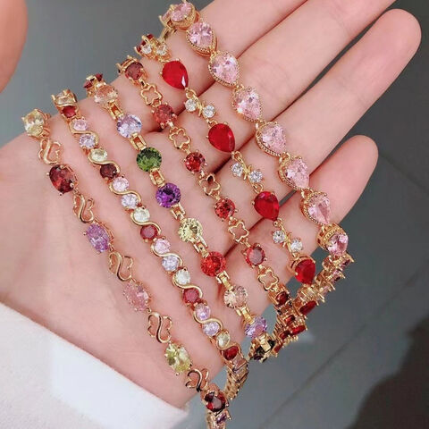 CM YIM pulsera de latón para mujer, con diseño de corazón, tenis, trébol, pera, chapada en oro, circonita y diamantes, brazalete con dijes para dama