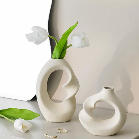 Lot De 2 Vases Céramique Blanc Et Doré - Forme Beignet Moderne - Pour Fleurs Séchées Ou Fraîches - Décoration Bohème
