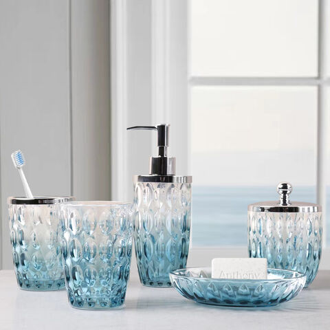 Ensemble Salle De Bain 4 Pièces Gris - Distributeur Savon, Porte-Brosses, Gobelet Et Porte-Savon