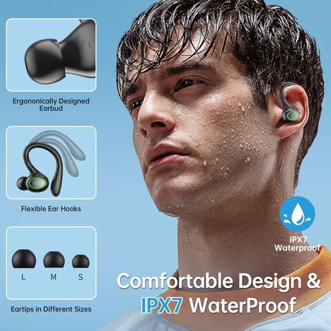 Wireless Earbud, Sport Bluetooth 5.3 Headphones with Earhooks Earphones  in-Ear with Immersive Sound, IP7 Waterproof, Noise Cancelling, Dual LED