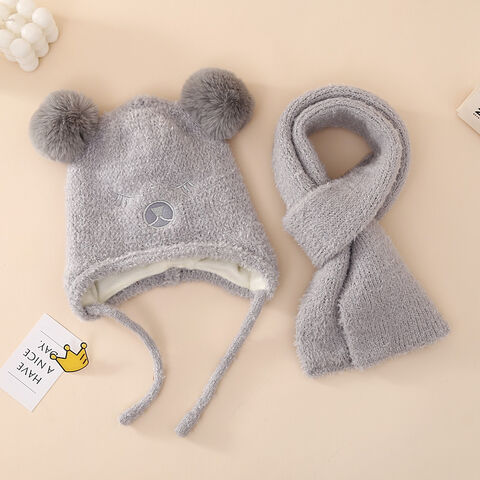 Venta al por mayor personalizado bordado grueso forro polar para niños sombrero de punto invierno cálido bebé niños gorro bufanda