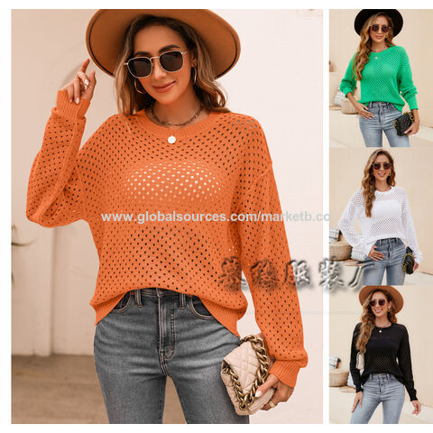 Acheter Femmes évider pull élégant ample S pulls tricotés femme décontracté  col rond couleur unie chandails printemps automne hiver