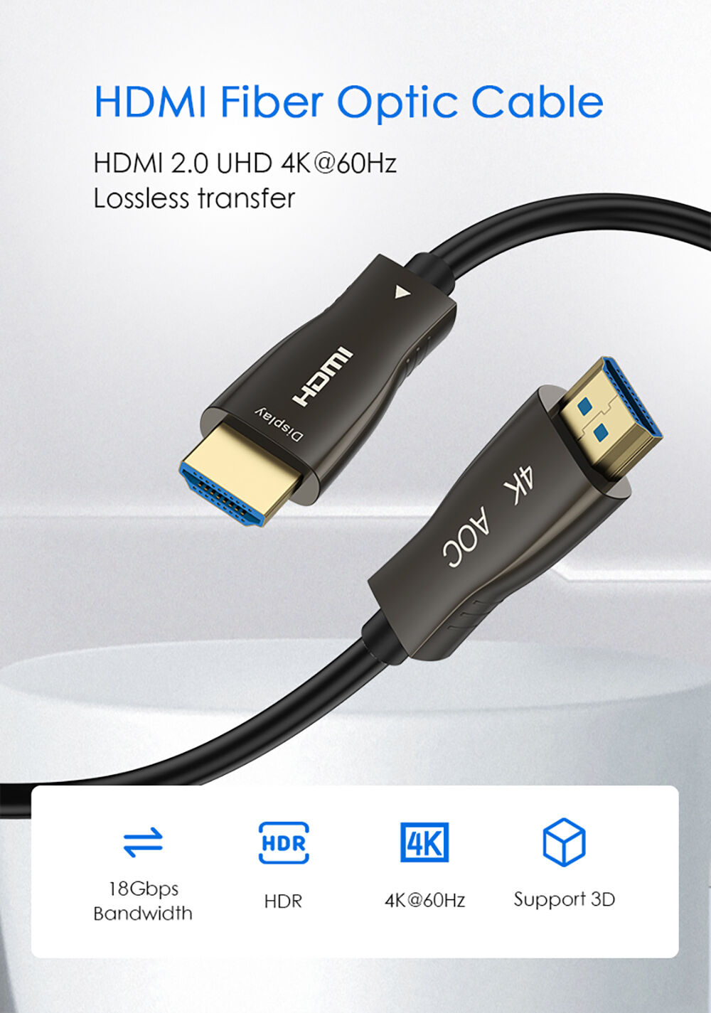 Armored HDMI Active Optical Cable (AOC) 4k @ 60Hz 18 Gbps HDR 10M 33ft